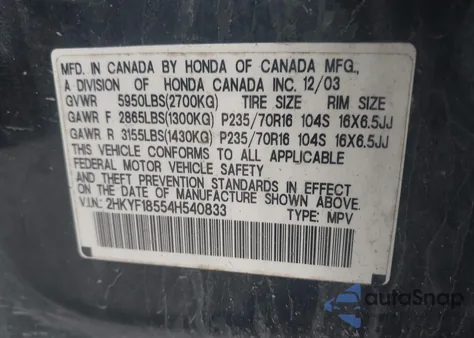 2004 Honda Pilot Ex-L from USA, damaged, VIN 2HKYF18554H540833